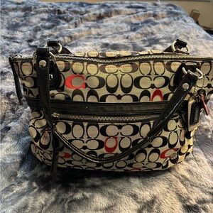 Coach Canvas Shoulder Tote in Black, Red and Cream